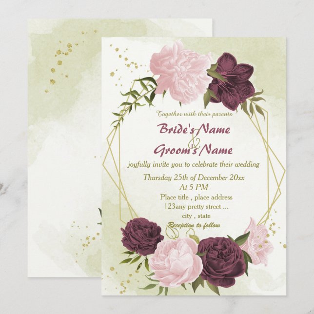 cabernet pink flowers green leaves wedding invitation (Front/Back)