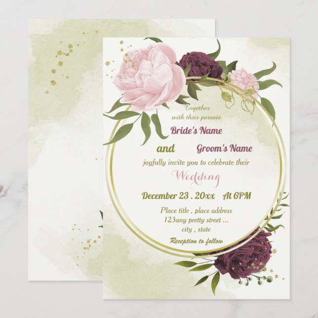 cabernet pink flowers green leaves wedding invitation (Front/Back)