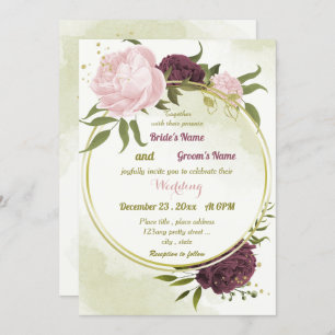 cabernet pink flowers green leaves wedding invitation