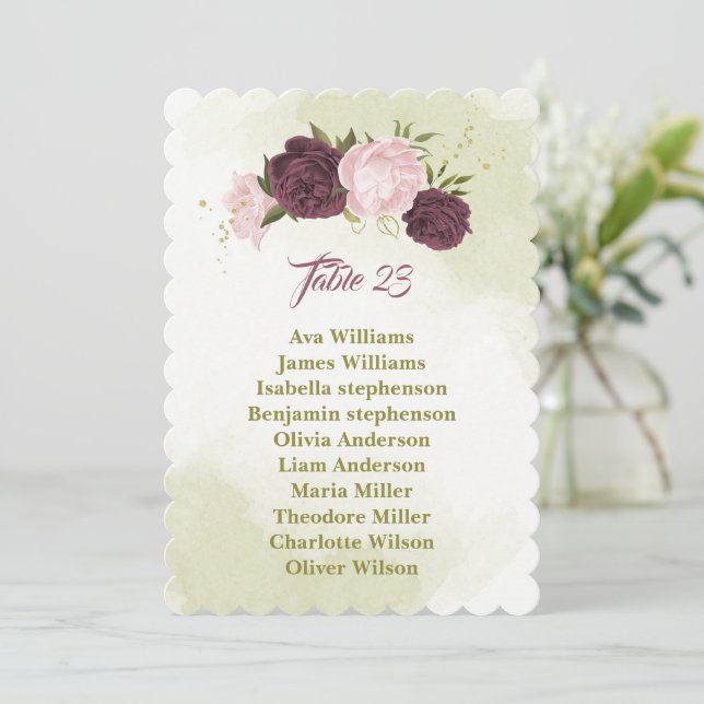 cabernet pink flowers greenery seating chart card (Standing Front)