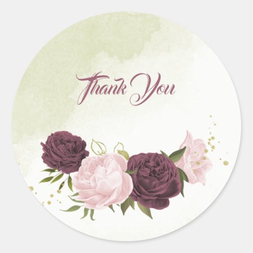 cabernet pink flowers greenery wedding classic round sticker