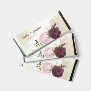 Cabernet & pink flowers greenery wedding hershey bar favors
