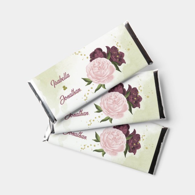 Cabernet & pink flowers greenery wedding hershey bar favors (Front)