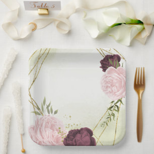 cabernet pink flowers greenery wedding paper plates