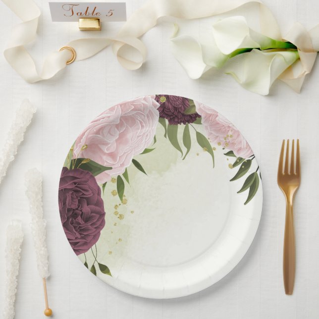 cabernet pink flowers greenery wedding paper plates (Wedding)
