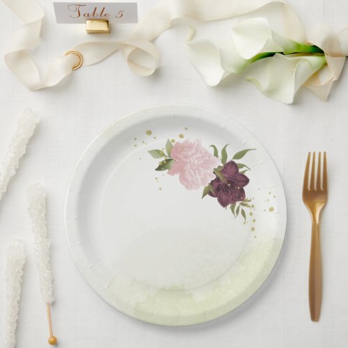 cabernet pink flowers greenery wedding paper plates