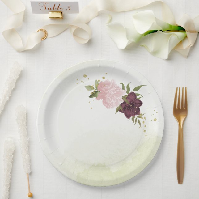 cabernet pink flowers greenery wedding paper plates (Wedding)
