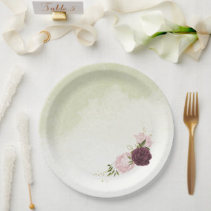 cabernet pink flowers greenery wedding paper plates