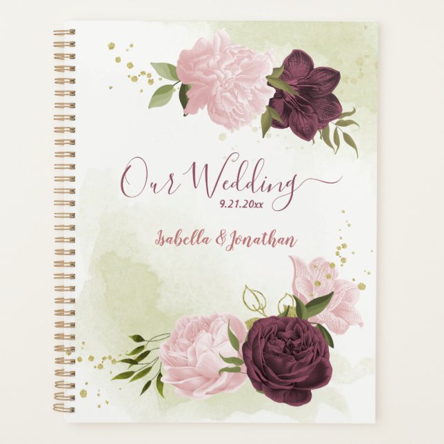 Cabernet & pink flowers greenery wedding planner (Front)