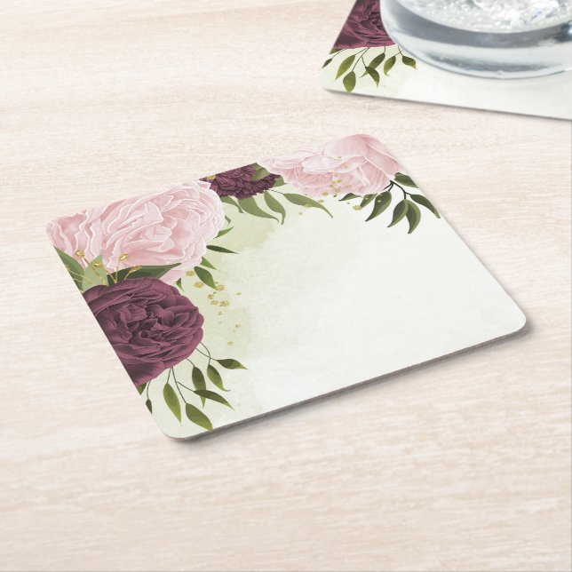 cabernet pink flowers greenery wedding square paper coaster (Angled)