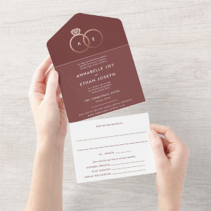 Cabernet Red Modern Rose Gold Rings Wedding All In One Invitation