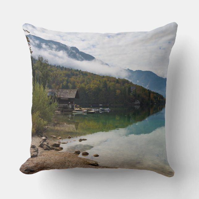 Cabin alongside Bohinj Lake in Slovenia Throw Pillow (Front)