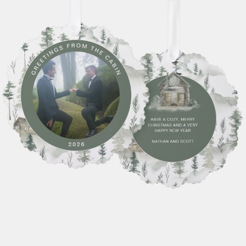 Cabin and Pines Photo Christmas Greeting Ornament Card