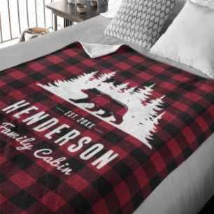 Cabin Bear Family Name Red Buffalo Plaid Fleece Blanket