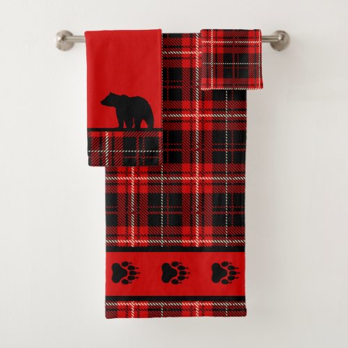 Cabin Bear Red and Black Plaid Bath Towel Set