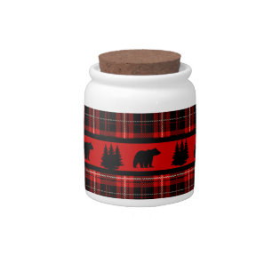 Cabin Black Bear Red Plaid Candy Jar