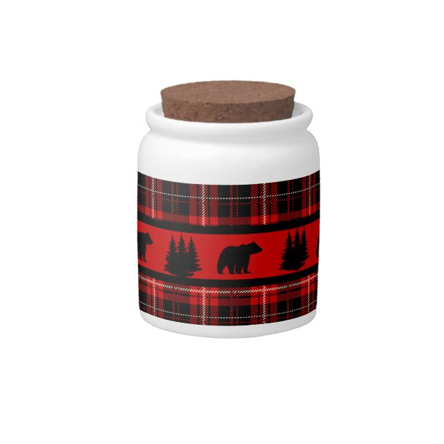 Cabin Black Bear Red Plaid Candy Jar (Front)