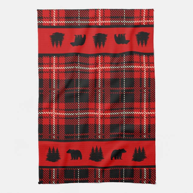 Cabin Black Bear Red Plaid Kitchen Towel (Vertical)