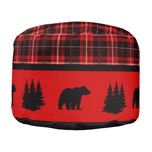 Cabin Black Bear Red Plaid Pouf