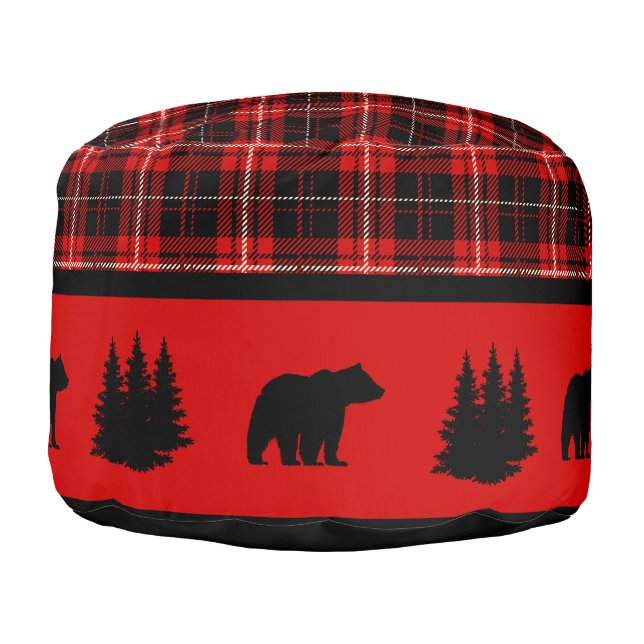 Cabin Black Bear Red Plaid Pouf (Left)