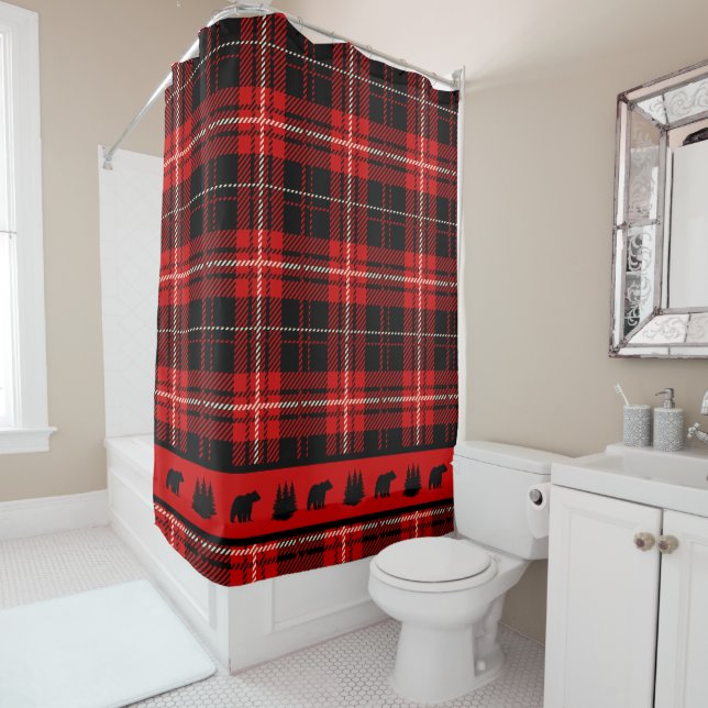 Cabin Black Bear Red Plaid Shower Curtain (In Situ)