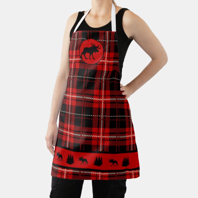 Cabin Black Moose Red Plaid Apron (Insitu)
