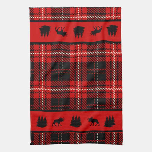 Cabin Black Moose Red Plaid Kitchen Towel (Vertical)