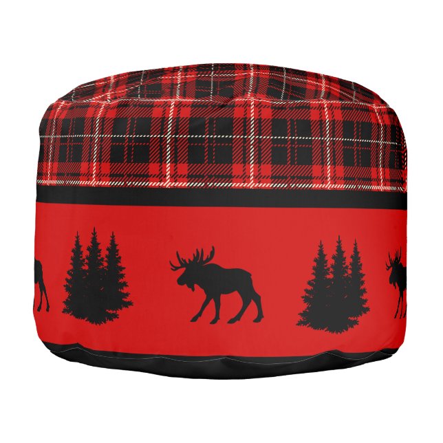 Cabin Black Moose Red Plaid Pouf (Left)