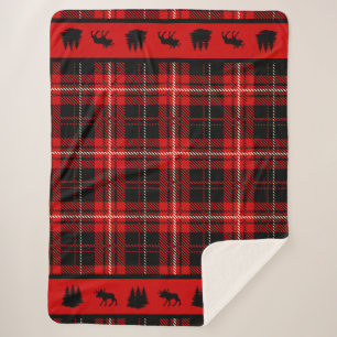 Cabin Black Moose Red Plaid Sherpa Blanket