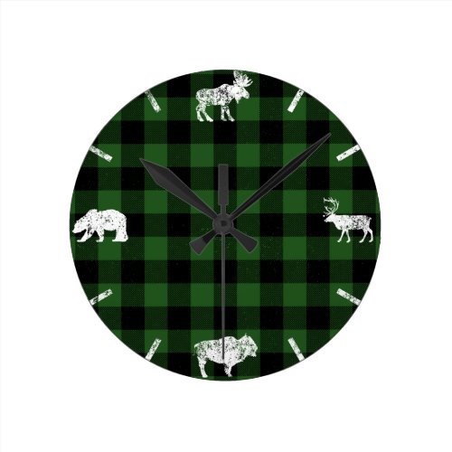 Cabin Buffalo Plaid Lumberjack Check Pattern Green Round Clock