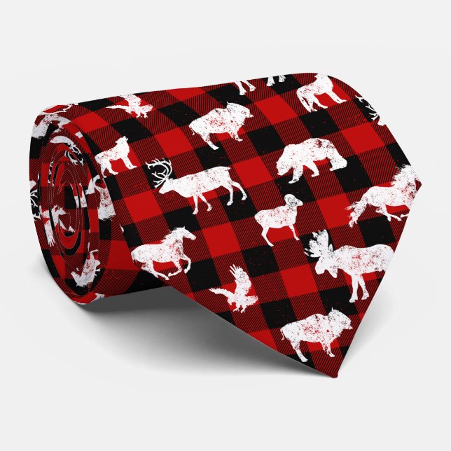Cabin Buffalo Plaid Lumberjack Check Pattern Red Neck Tie (Rolled)