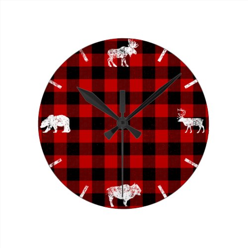 Cabin Buffalo Plaid Lumberjack Check Pattern Red Round Clock