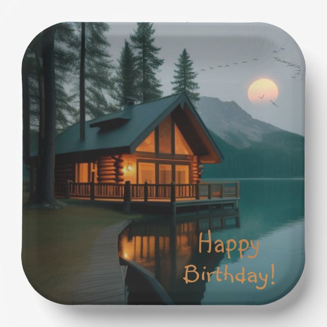 Cabin By Lake Birthday Paper Plates (Front)