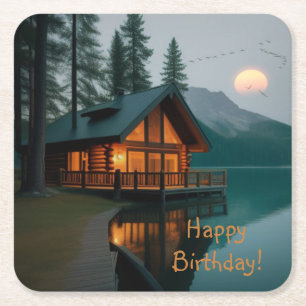 Cabin By Lake Birthday Square Paper Coaster