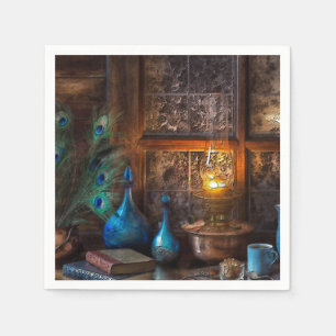 Cabin by lamplight rustic scene blue brown napkins