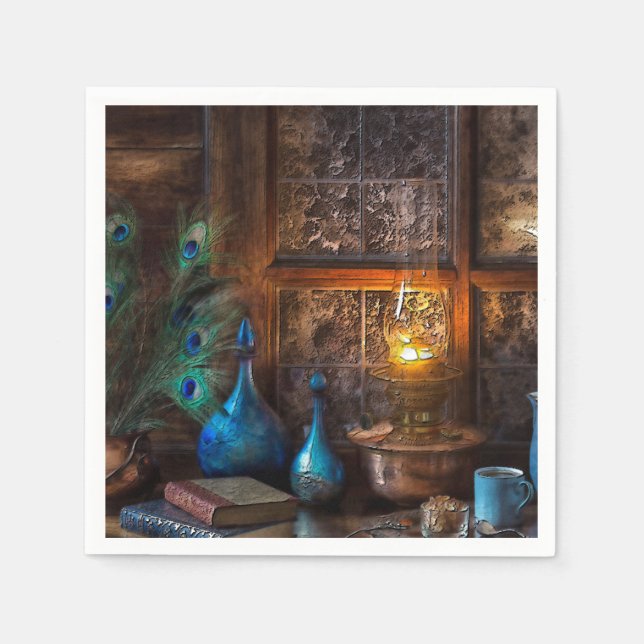 Cabin by lamplight rustic scene blue brown napkins (Front)