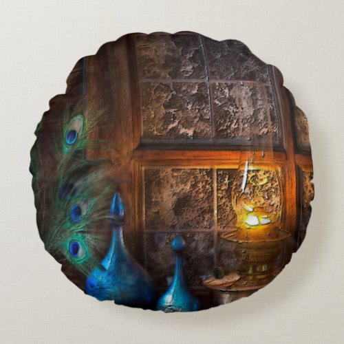 Cabin by lamplight scene round pillow