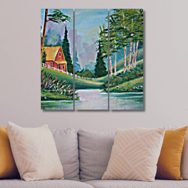 Cabin by Stream Impressionism Wall Triptych (Cabin by Stream Impressionism Wall Triptych)