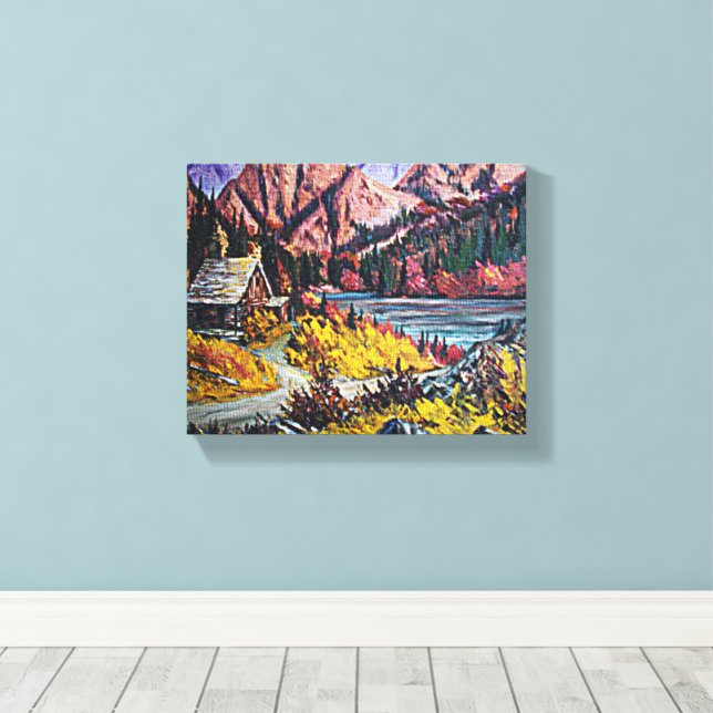 Cabin By the Lake Fine Art Painting 10x8 Canvas Print (Insitu(Wood Floor))