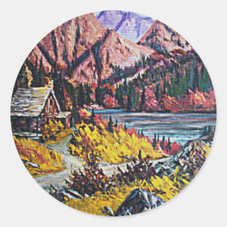 Cabin by the Lake Oil Painting Classic Round Sticker