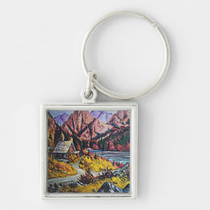 Cabin by the Lake Oil Painting Keychain