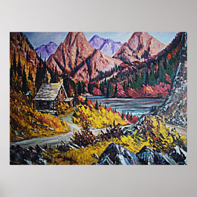Cabin by the Lake Oil Painting Poster (Front)