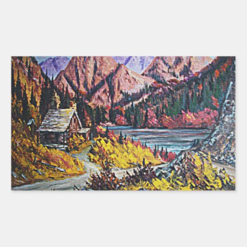 Cabin by the Lake Oil Painting Rectangular Sticker