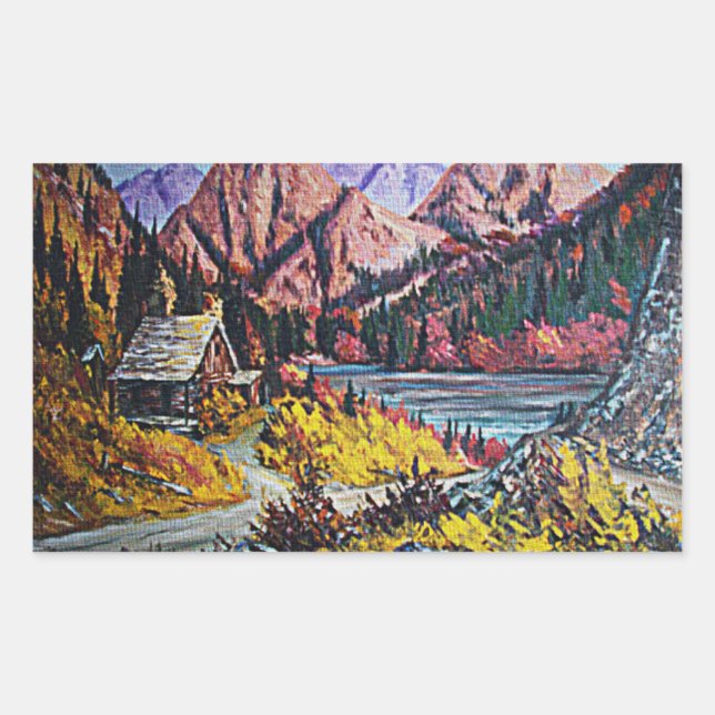 Cabin by the Lake Oil Painting Rectangular Sticker (Front)