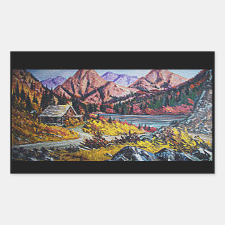 Cabin by the Lake Oil Painting Rectangular Sticker
