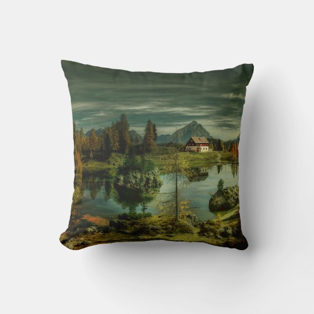 Cabin by the Lake Throw Pillow (Front)