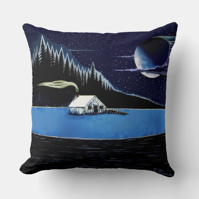 "Cabin by the Lake" Throw Pillow design. (Front)