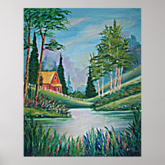 Cabin by the Stream Oil Painting Framed Print