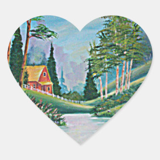Cabin by the Stream Oil Painting Heart Sticker