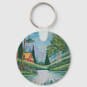 Cabin by the Stream Oil Painting Keychain